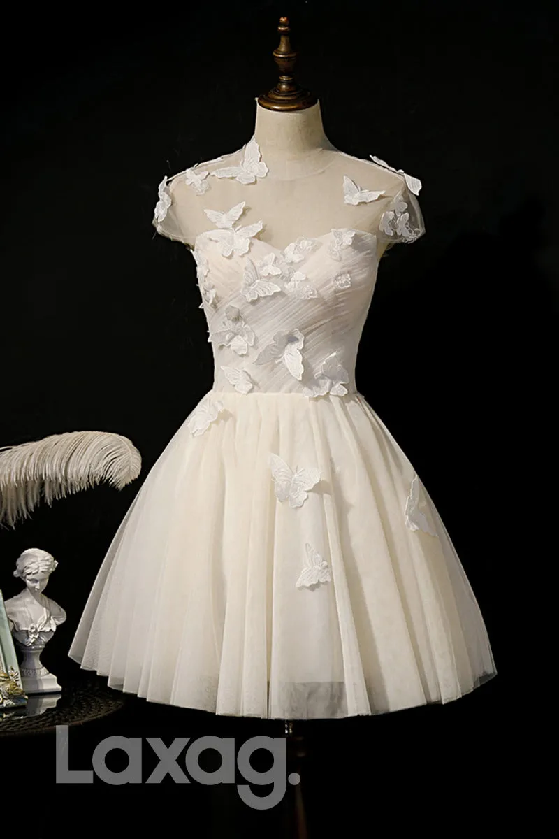 12189 - Illusione Neckline Butterfly Ivory Homecoming Dress