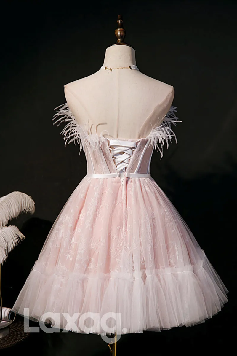12190 - Strapless Feathers Pink Cute Homecoming Dress