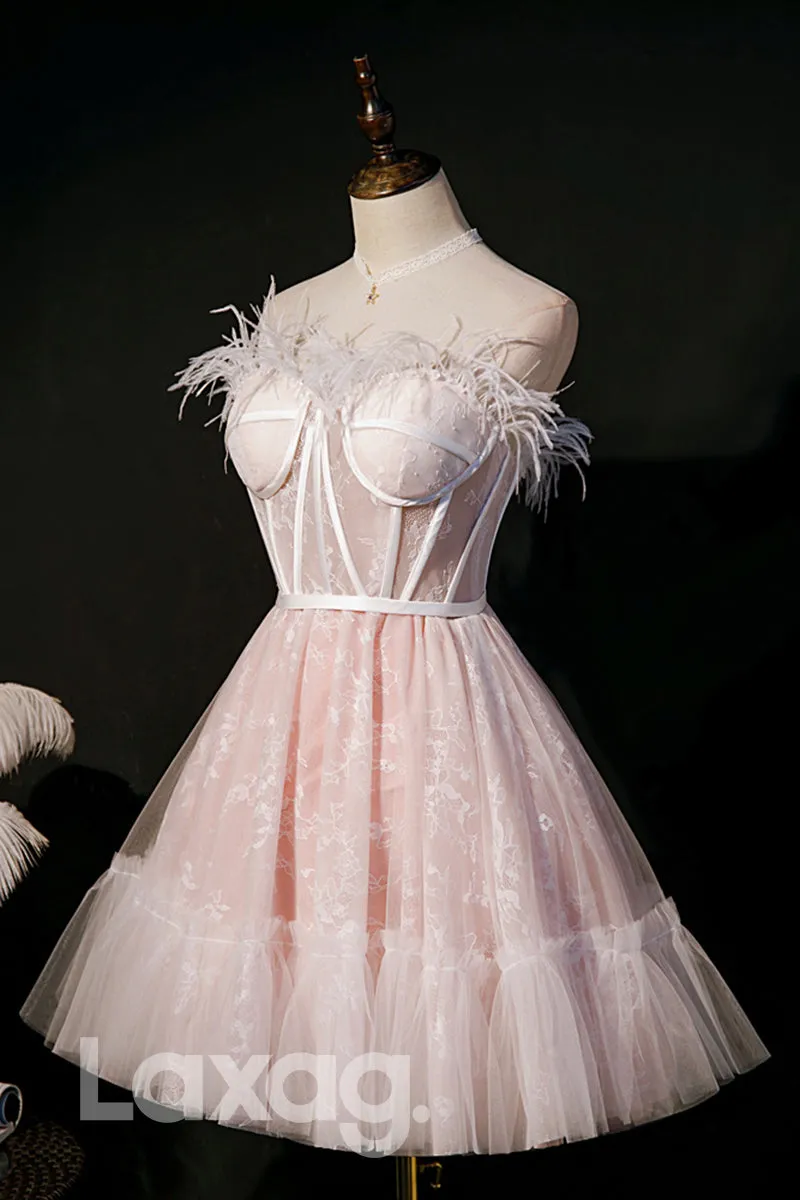 12190 - Strapless Feathers Pink Cute Homecoming Dress
