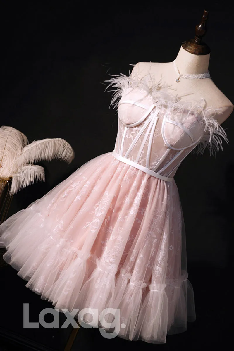 12190 - Strapless Feathers Pink Cute Homecoming Dress