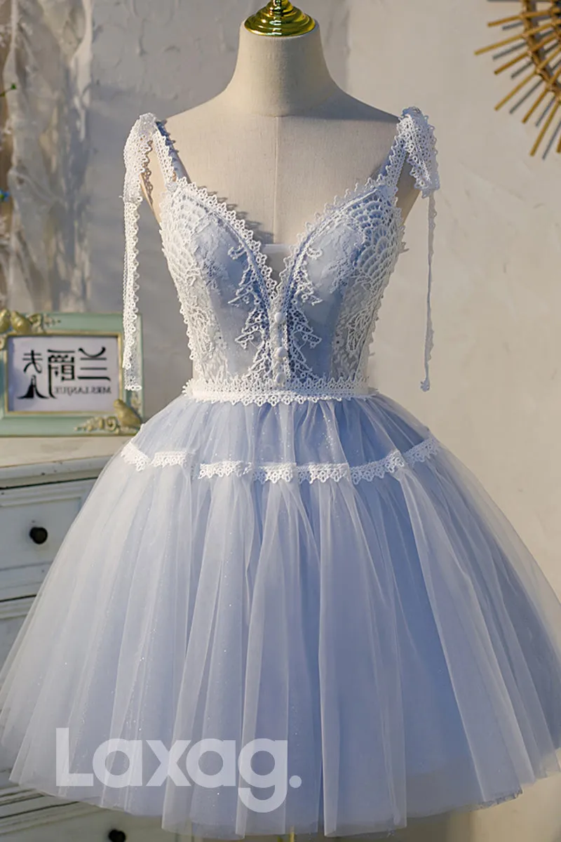 12194 - Plunging V-Neck Lace Short Homecoming Dress