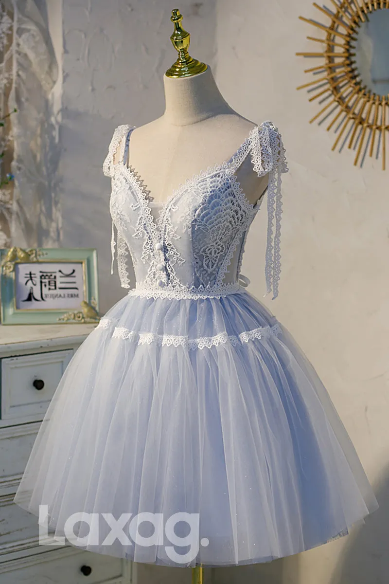 12194 - Plunging V-Neck Lace Short Homecoming Dress