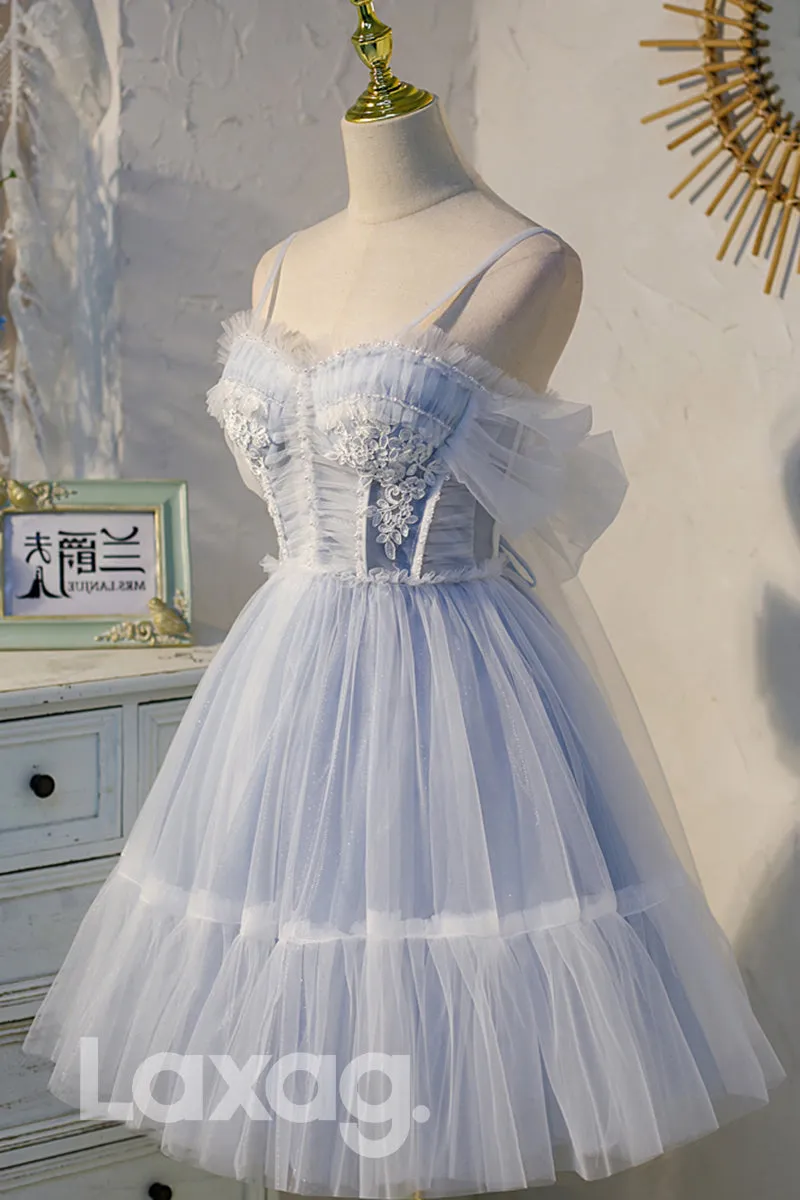 12195 - Spaghetti Straps Lace Appliques Short Homecoming Dress