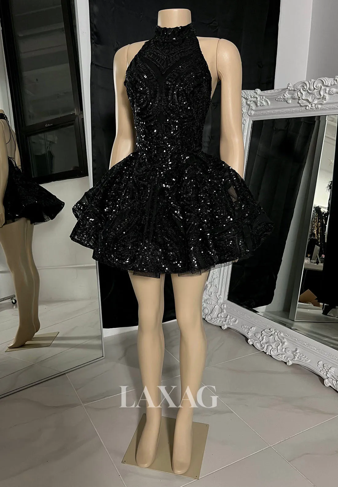 13151 - High Neck Gliter Lace-Up Ruched A-Line Homecoming Dress