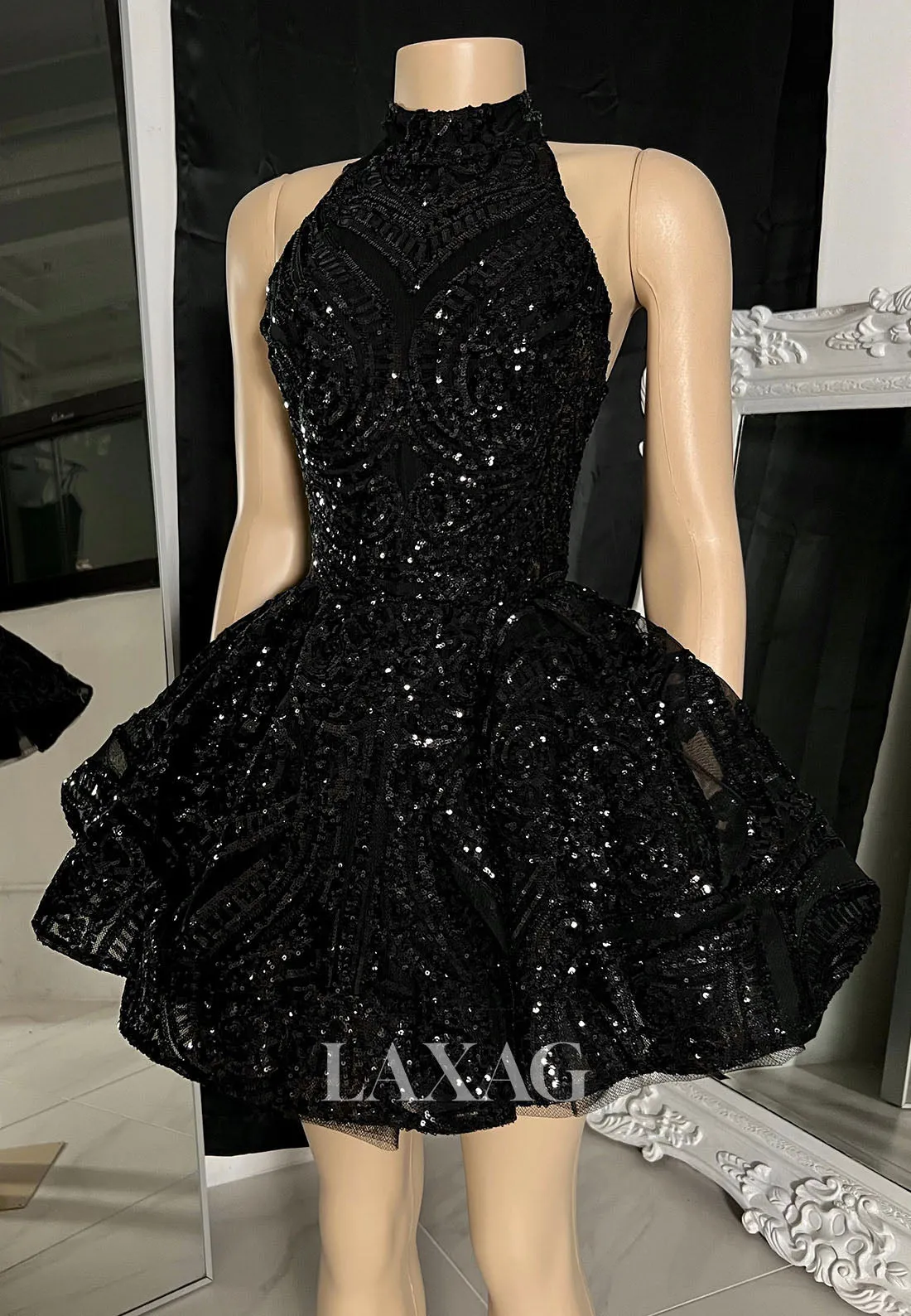 13151 - High Neck Gliter Lace-Up Ruched A-Line Homecoming Dress