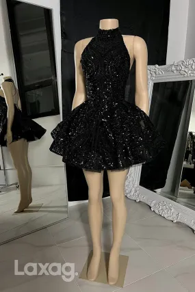 13154 - Black High-Neck Glitter Sequined Lace Tiered Homecoming Dress