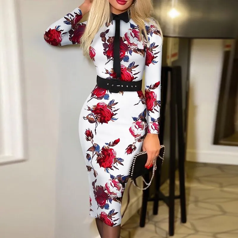 Elegant Floral Printed Autumn Party Dress
