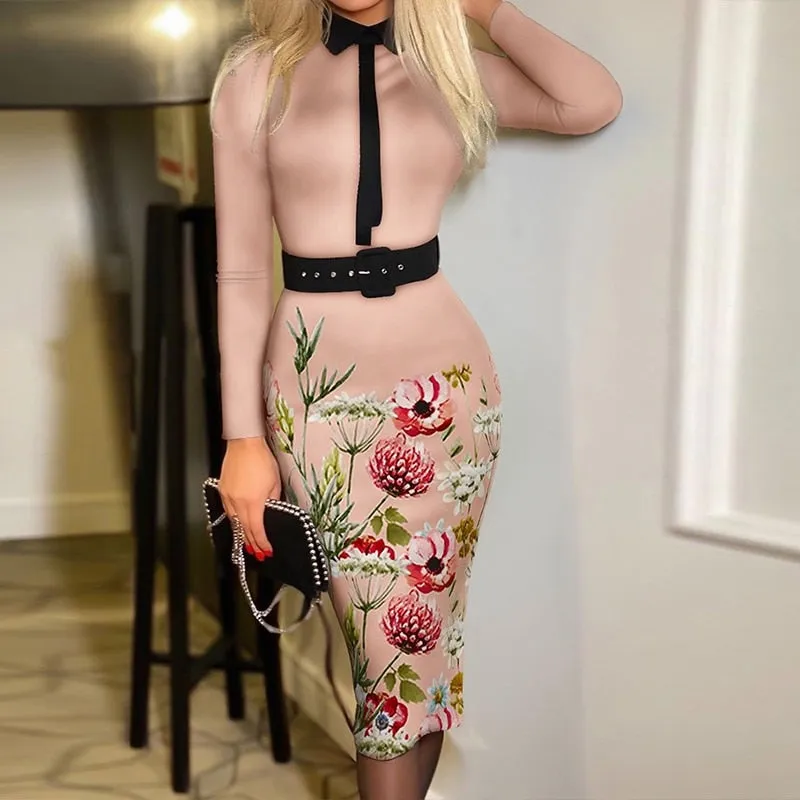 Elegant Floral Printed Autumn Party Dress