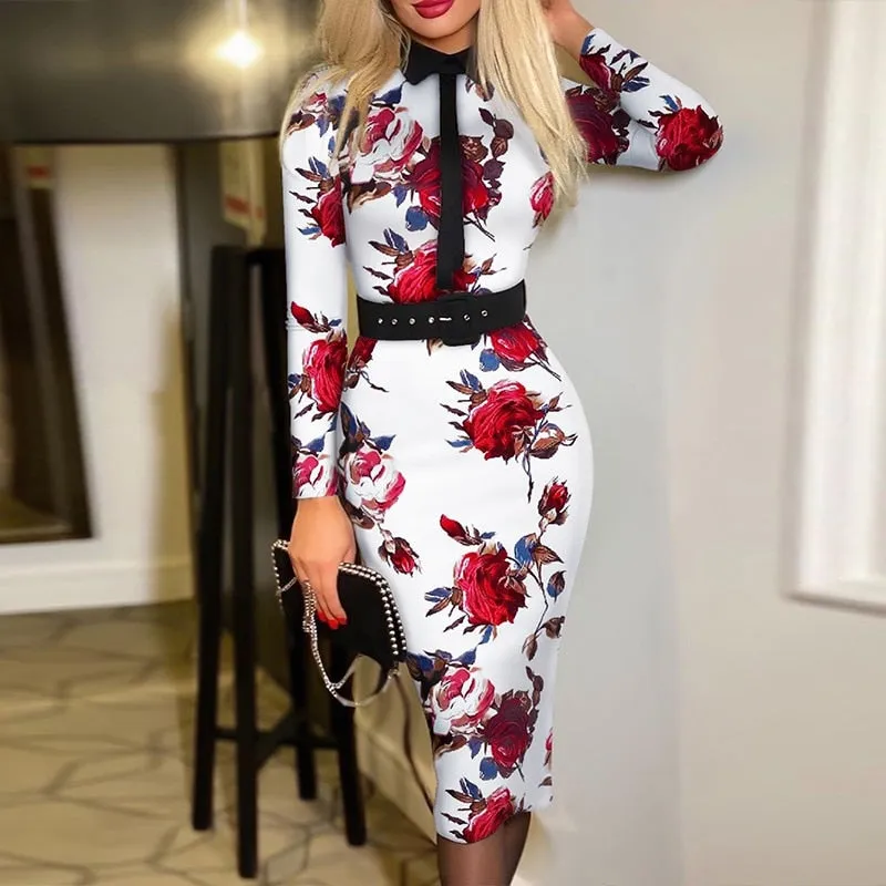 Elegant Floral Printed Autumn Party Dress