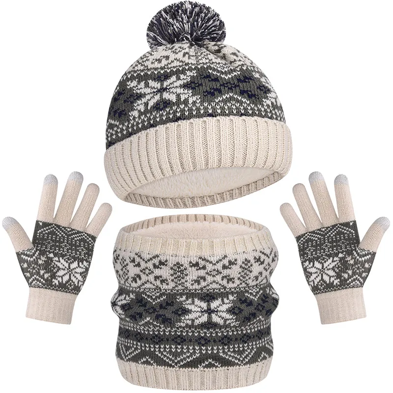 Kid Thermal Wool Knitting Hat Scarf  Gloves Set Aged 5-12 Touchscreen Lovely Toddler Mitten
