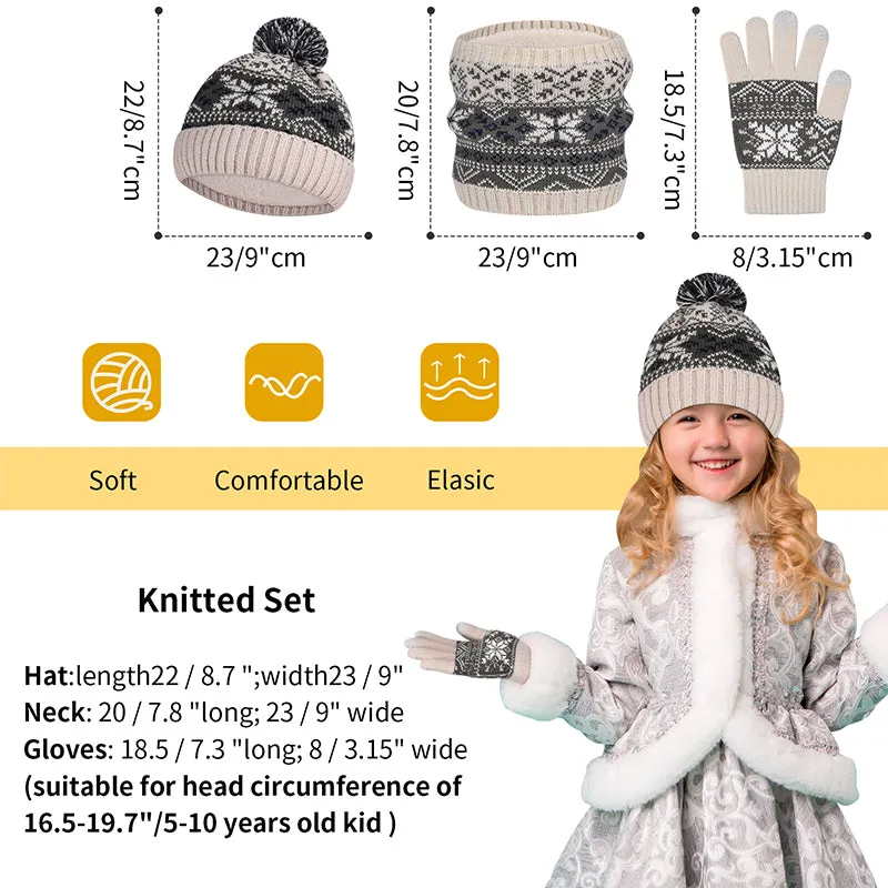 Kid Thermal Wool Knitting Hat Scarf  Gloves Set Aged 5-12 Touchscreen Lovely Toddler Mitten