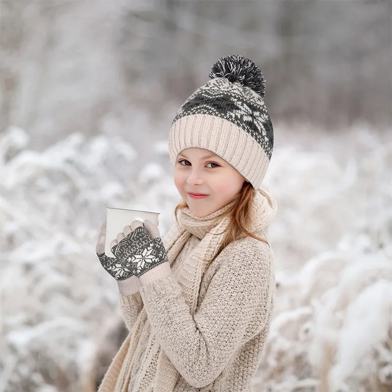 Kid Thermal Wool Knitting Hat Scarf  Gloves Set Aged 5-12 Touchscreen Lovely Toddler Mitten