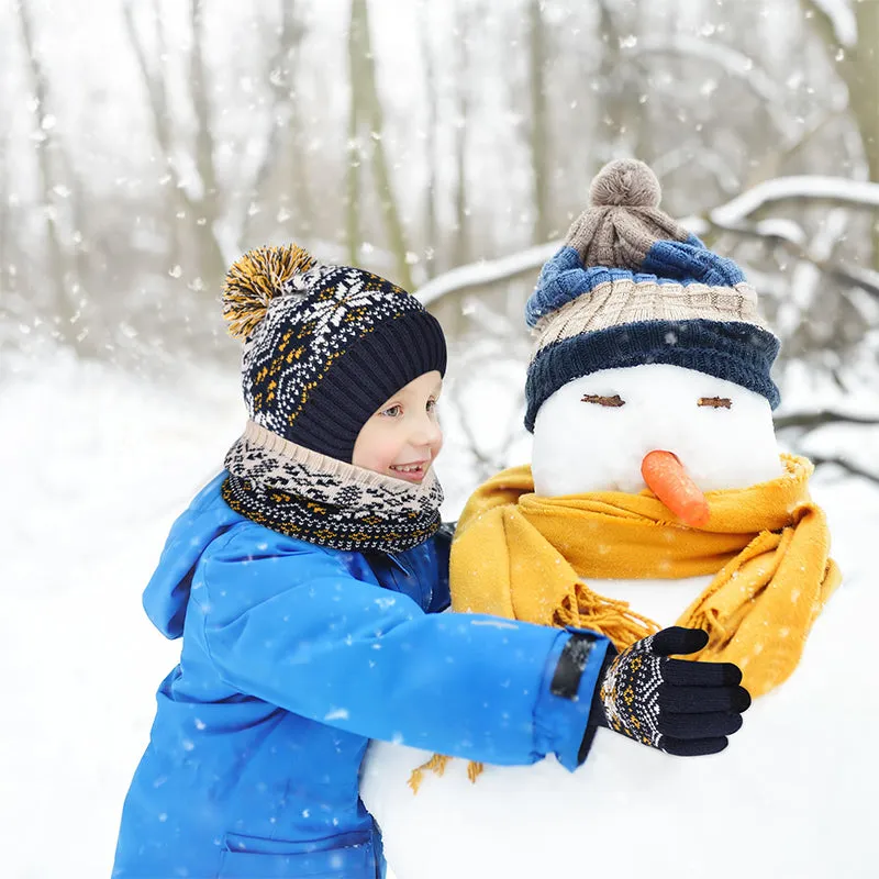 Kid Thermal Wool Knitting Hat Scarf  Gloves Set Aged 5-12 Touchscreen Lovely Toddler Mitten