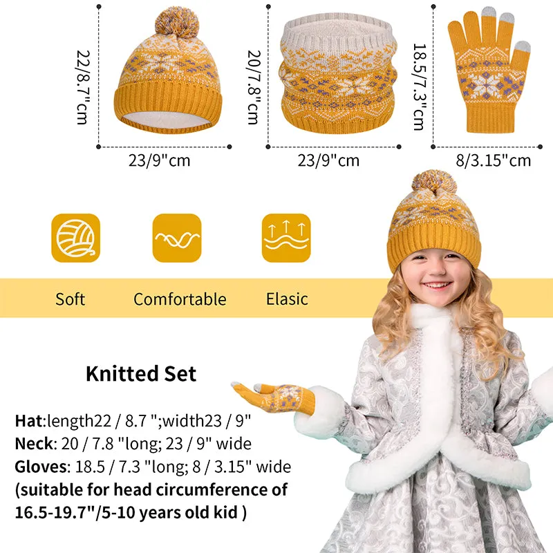 Kid Thermal Wool Knitting Hat Scarf  Gloves Set Aged 5-12 Touchscreen Lovely Toddler Mitten