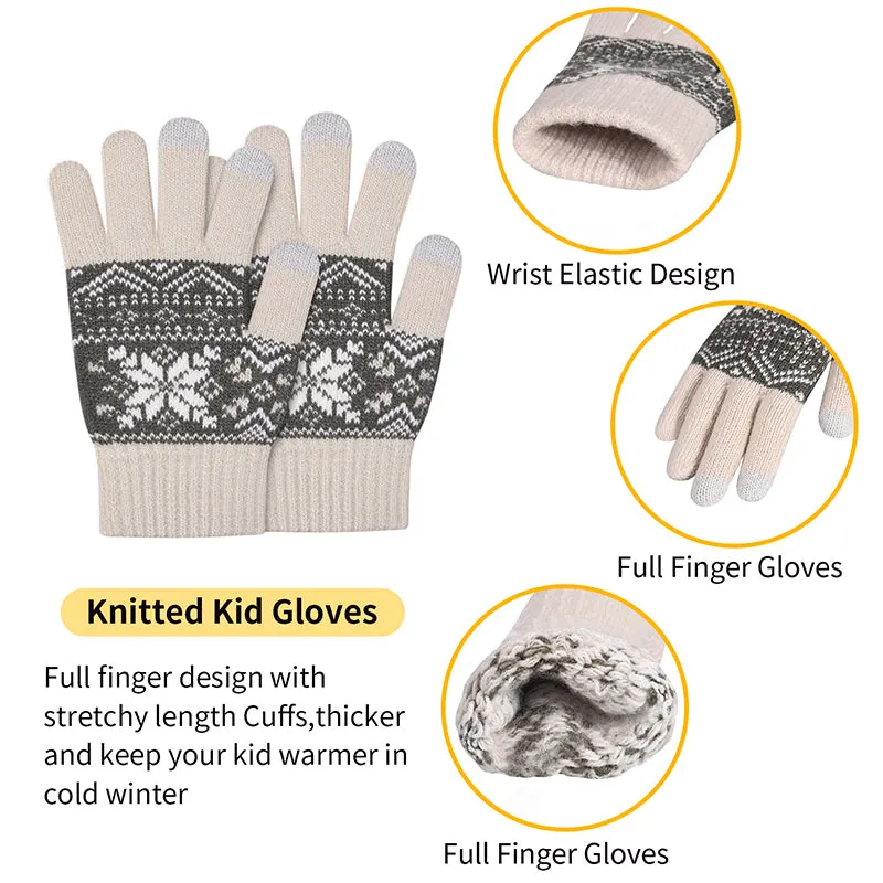 Kid Thermal Wool Knitting Hat Scarf  Gloves Set Aged 5-12 Touchscreen Lovely Toddler Mitten