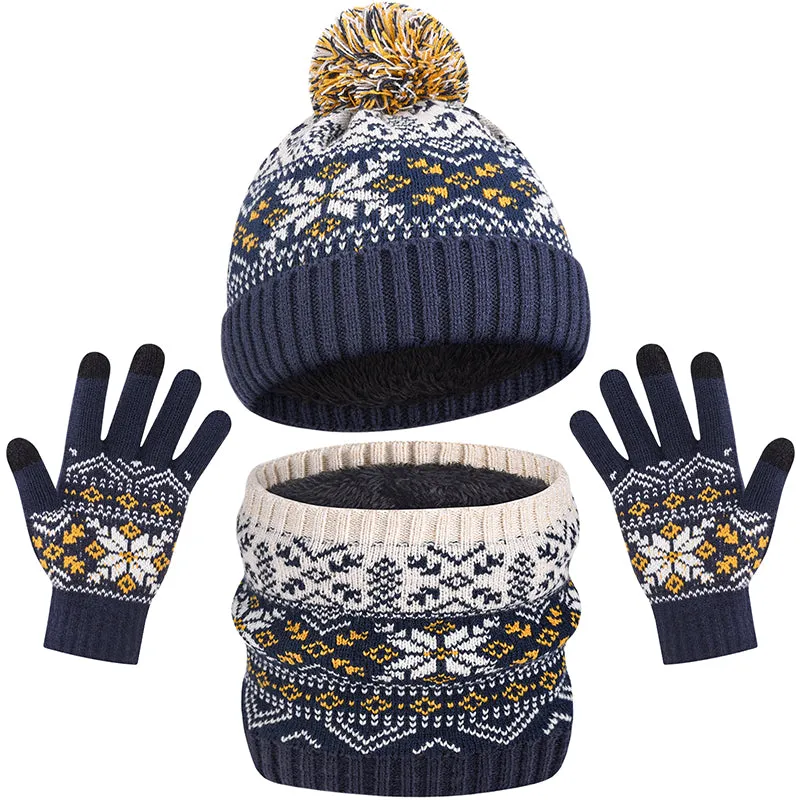 Kid Thermal Wool Knitting Hat Scarf  Gloves Set Aged 5-12 Touchscreen Lovely Toddler Mitten