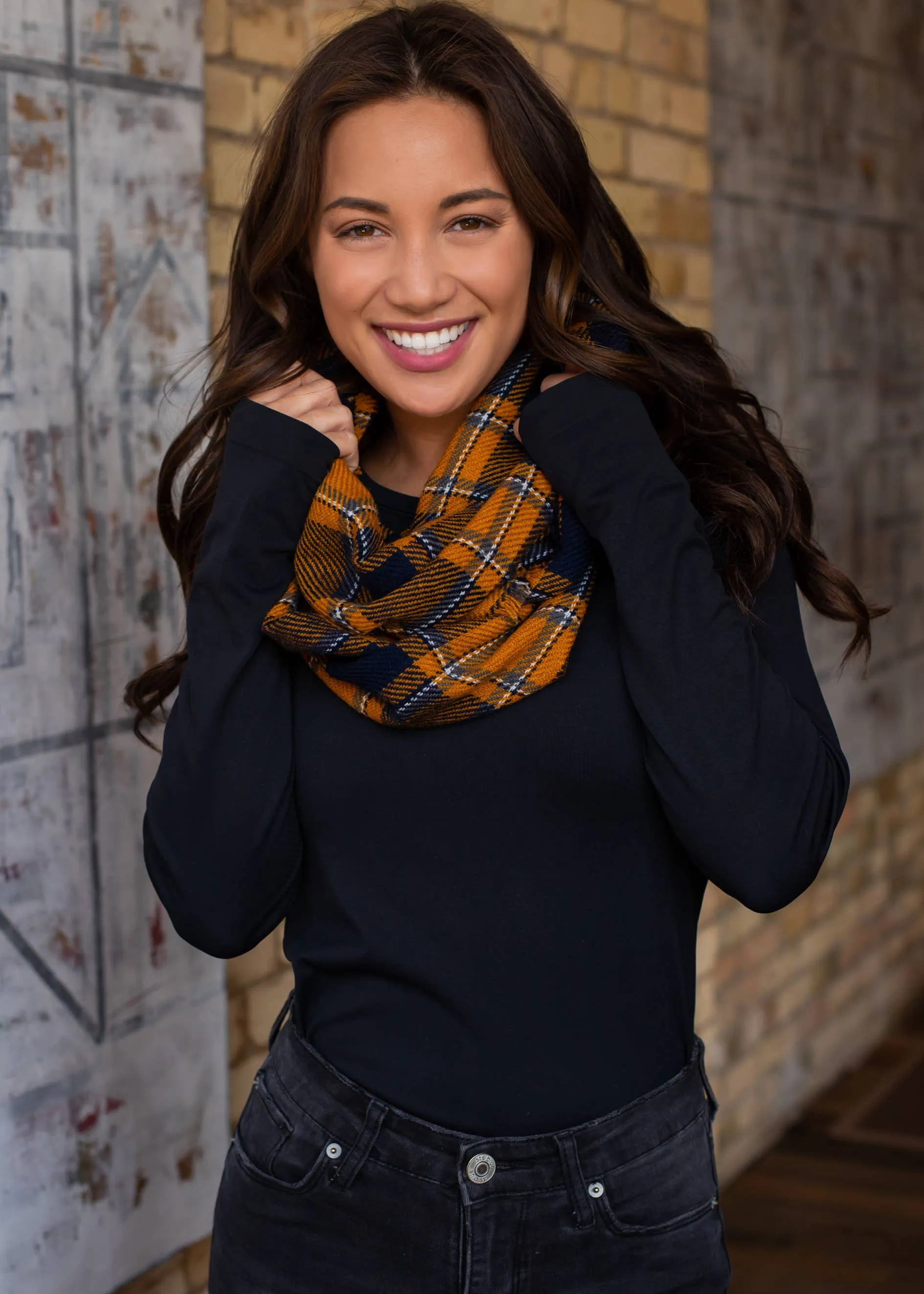 Mustard & Navy Plaid Infinity Scarf