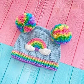 Pastel Rainbow Cloud Double Pom Pom Beanie (Duck Egg Blue)