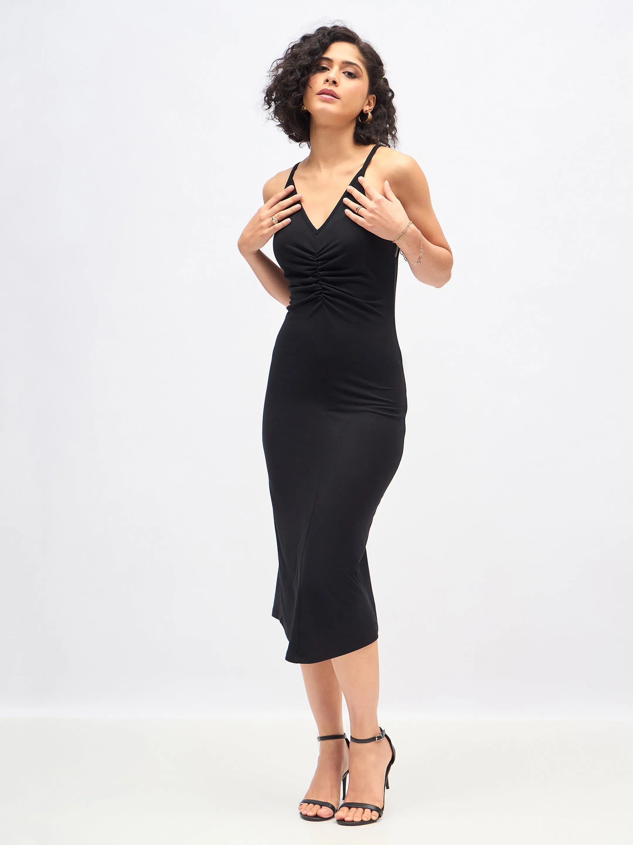 Women Black Strappy Front Ruched Dress